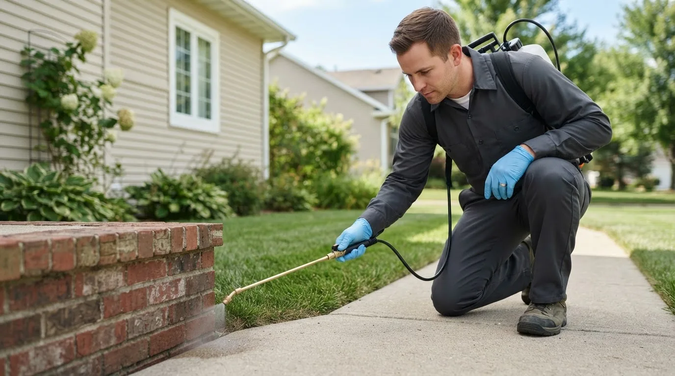 Pest control technician treating a home near Alexandria, IN